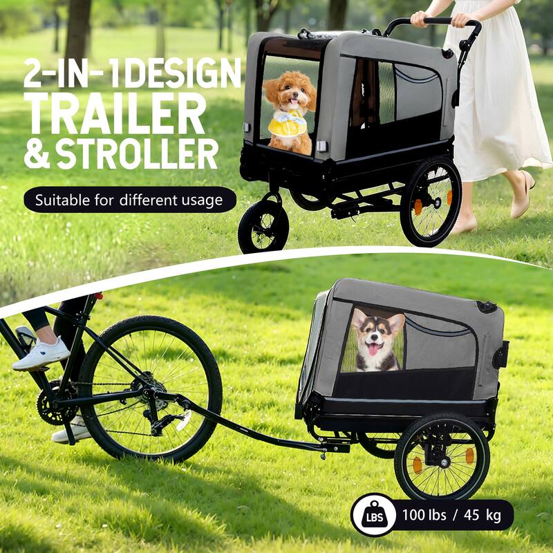 2-In-1 Bike Trailer & Push Cart For Pets-All-Terrain Wheels,Quick Release Wheel,Internal Leash,Holds Pets Up To 88 Lbs