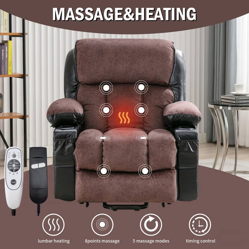 Power Lift Fleece Leather Recliner Chair for Elderly with Vibration Massage and Heat and USB & Cup Holders, for Living Room