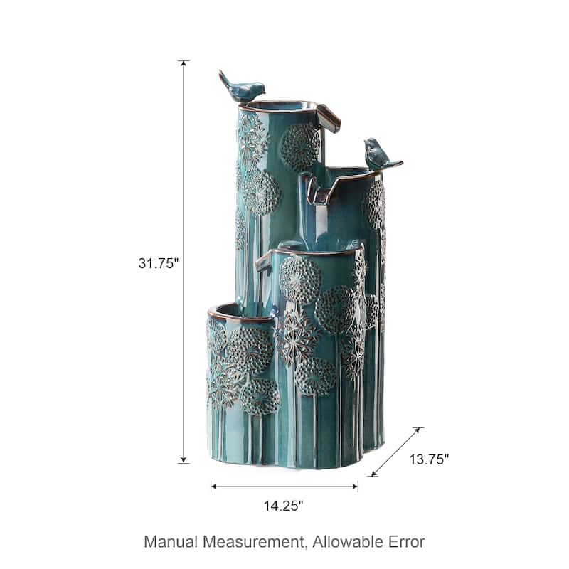 Glitzhome 31.75"H 4-Tier LED Vase-Shaped Ceramic Outdoor Floor Fountain with Birds/ Lotus