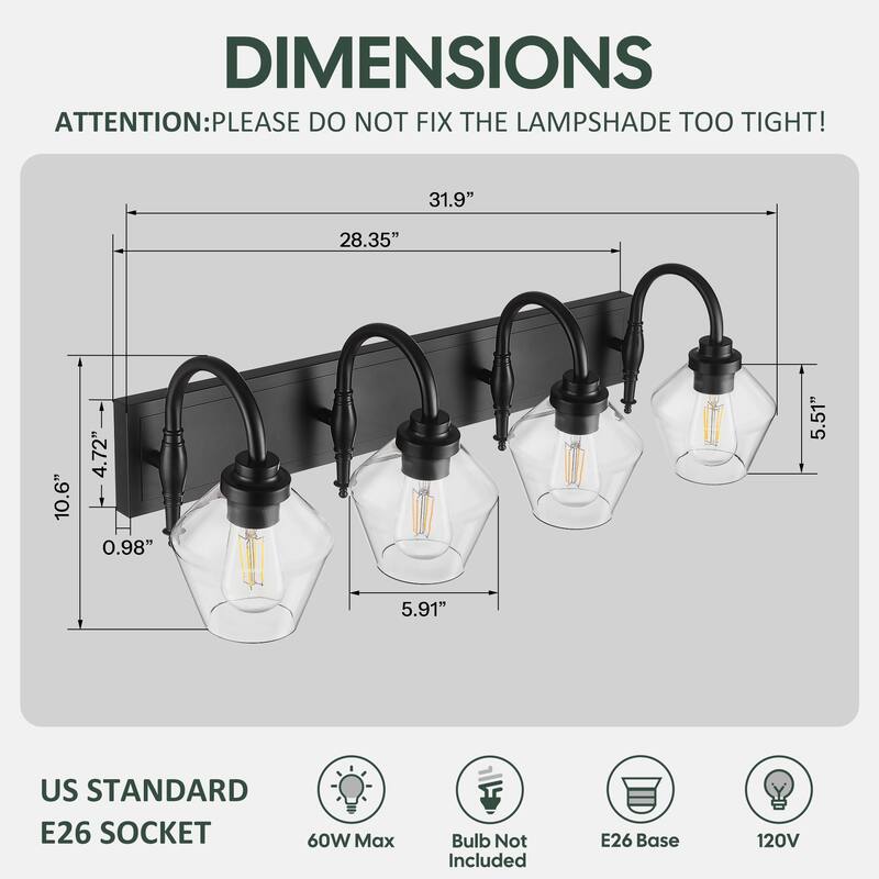 Modern 3/4-Light Bathroom Vanity Light in Black/Gold Finish