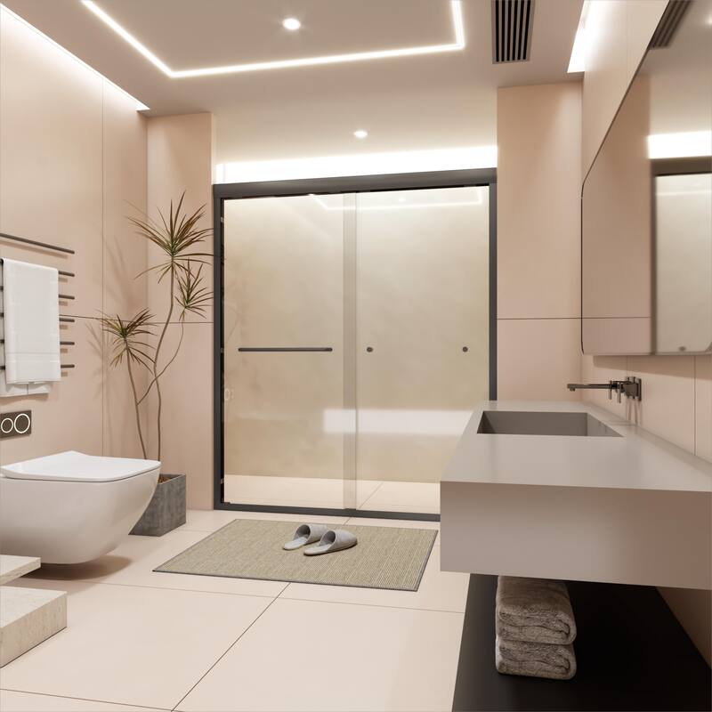 60''W Semi-Frameless 1/4'' Glass Double Sliding Shower Door in Black/Chrome for Bathroom