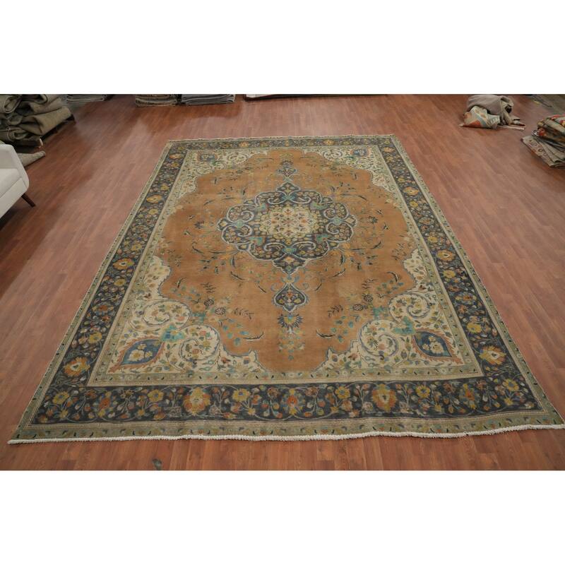 Hand Knotted Oriental 100% Wool Carpet Traditional Floral Oranges & Rust Tabriz Area Rug - 13' 0'' X 9' 9''