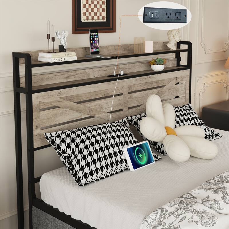 Full Size Bed Frame with Storage Headboard & 12 Drawers