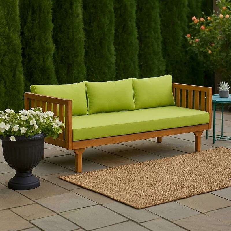Clara Outdoor Daybed, Brown Wood Slat Back, 68 Inch Green Fabric