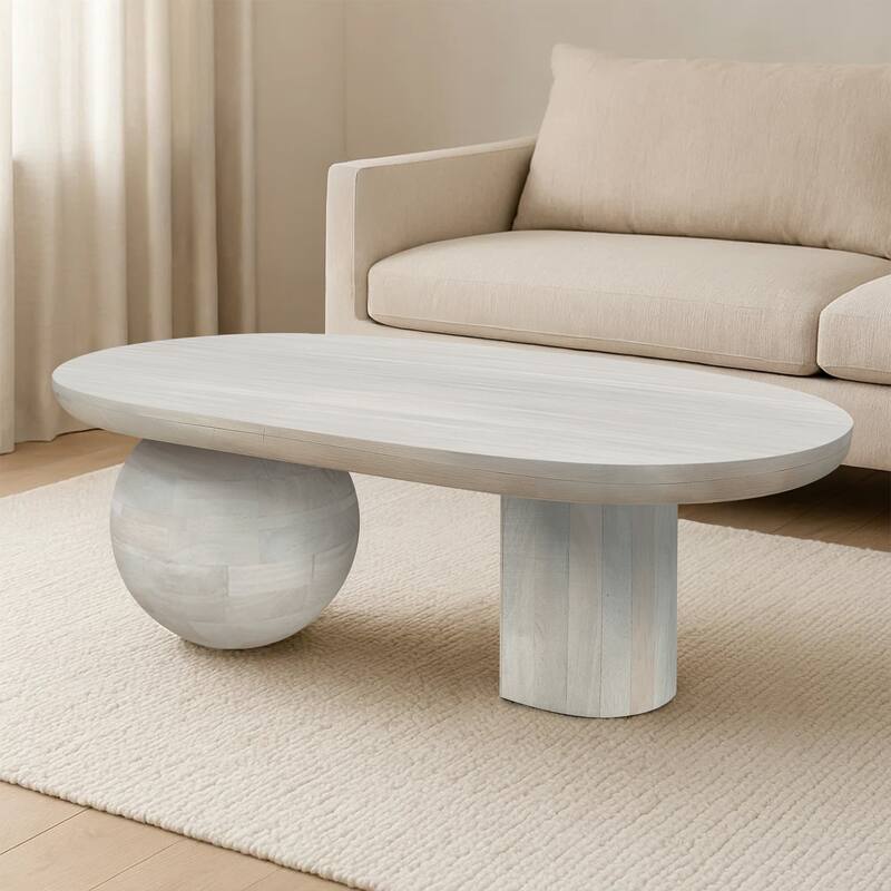 38 Inch Coffee Table, Oblong Mango Wood Top with a Modern Ball Leg