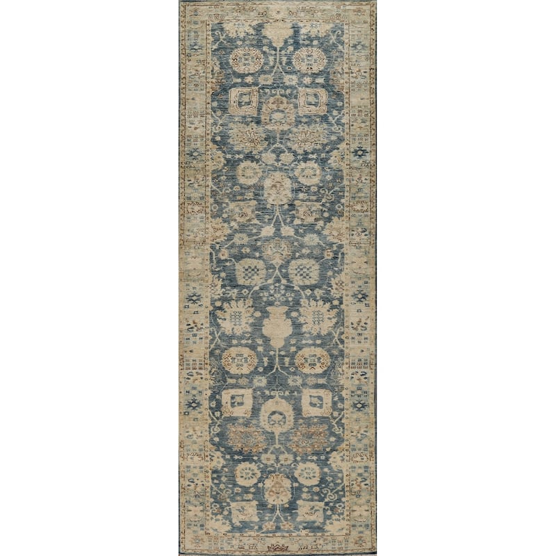 Vegetable Dye Oushak Turkish Runner Rug Handmade Blue Wool Carpet - 3'2" x 11'7"