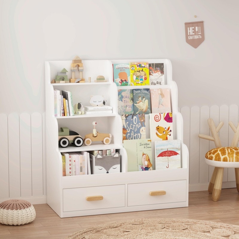 Kids Bookshelf with 2 Storage Drawers - Front-Facing Children's Bookcase and Multi-Tier Toy Organizer
