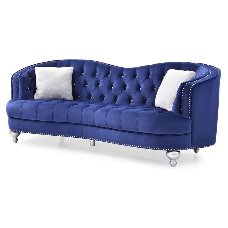 Tufted Velvet Straight Sofa with Throw Pillows - 90" - Blue