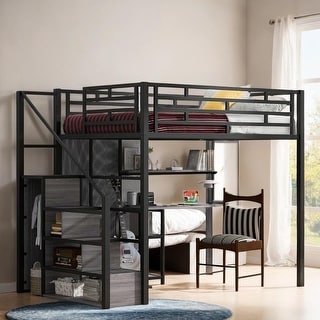 Full Size Metal Loft Bed with Wardrobe, Desk, Storage Shelves, Black
