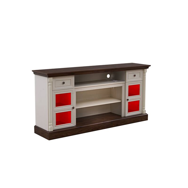 Farmhouse-Style Roman Column Styling Fireplace TV Stand with LED Lights, Glass Door Cabinets and Drawers, for Living Room