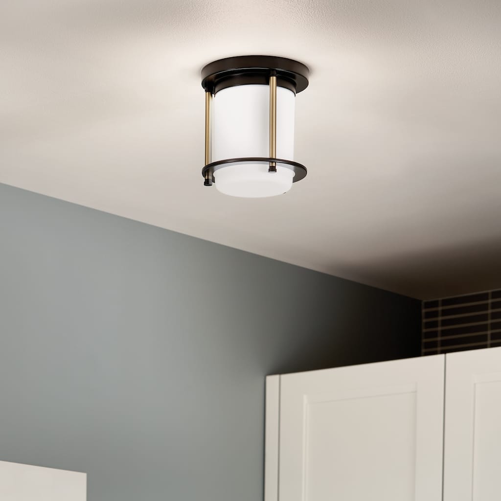 Kichler Lighting Brit 7.25 in. 1-Light Black and Champagne Bronze Flush Mount Light with Satin Etched Glass