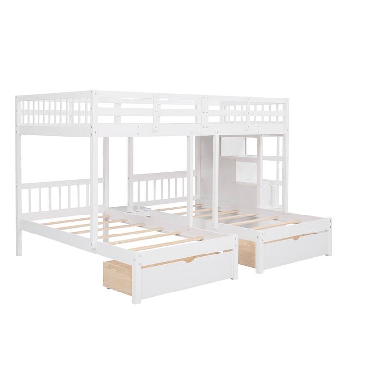 White Wood Triple Bunk Bed with Drawers - Full Over Twin & Twin, Space-Saving Design