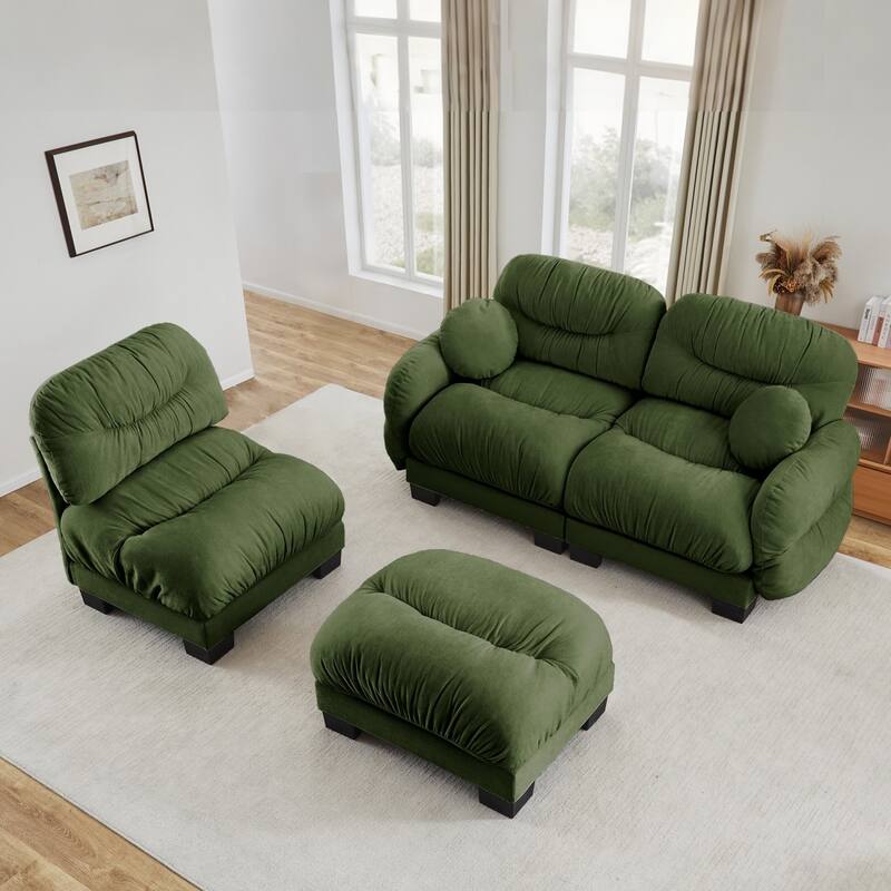 116" Chenille Pleated Design Sectional Sofa with Ottoman and 2 Round Pillows