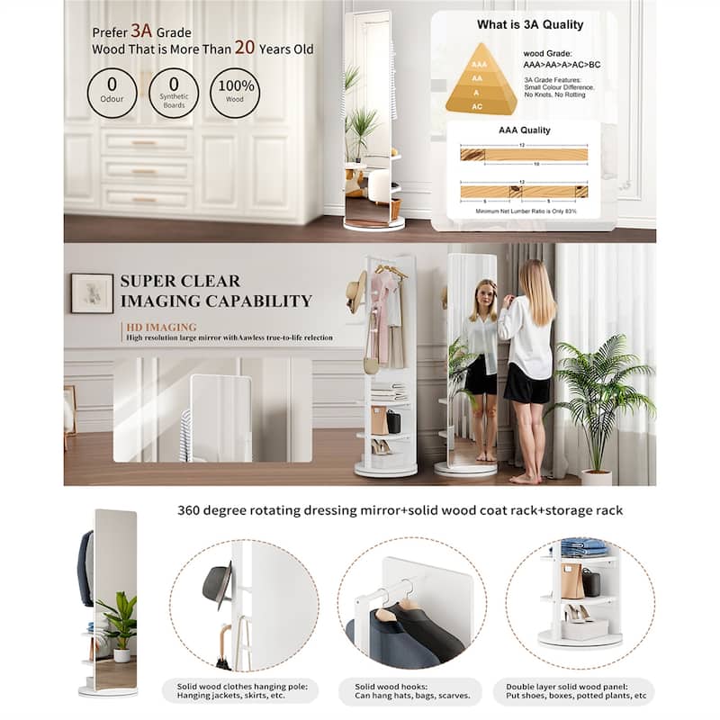360 Rotating Multifunctional Full Length Mirror with Hook Storage Rack Coat Rack