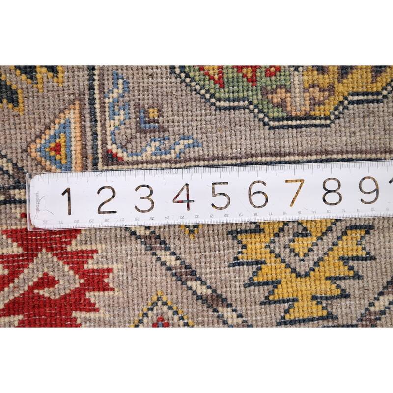Geometric Brown Kazak Oriental Runner Rug Hand-Knotted Wool Carpet - 1'11" x 5'11"