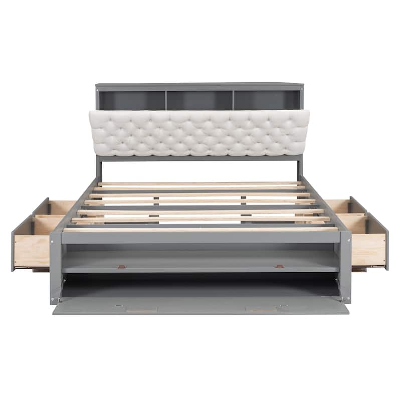 Queen Size Wood Platform Bed with Storage Headboard, Shoe Rack and 4 Drawers