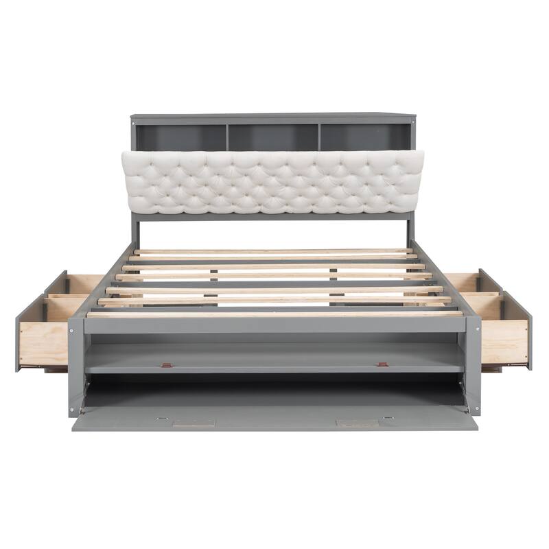 Queen Wooden Bed with Storage Headboard, Shoe Rack, and 4 Drawers