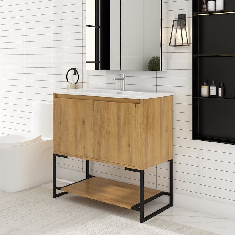 Freestanding Bathroom Vanity Set in Oak with Integrated Solid Surface Sink
