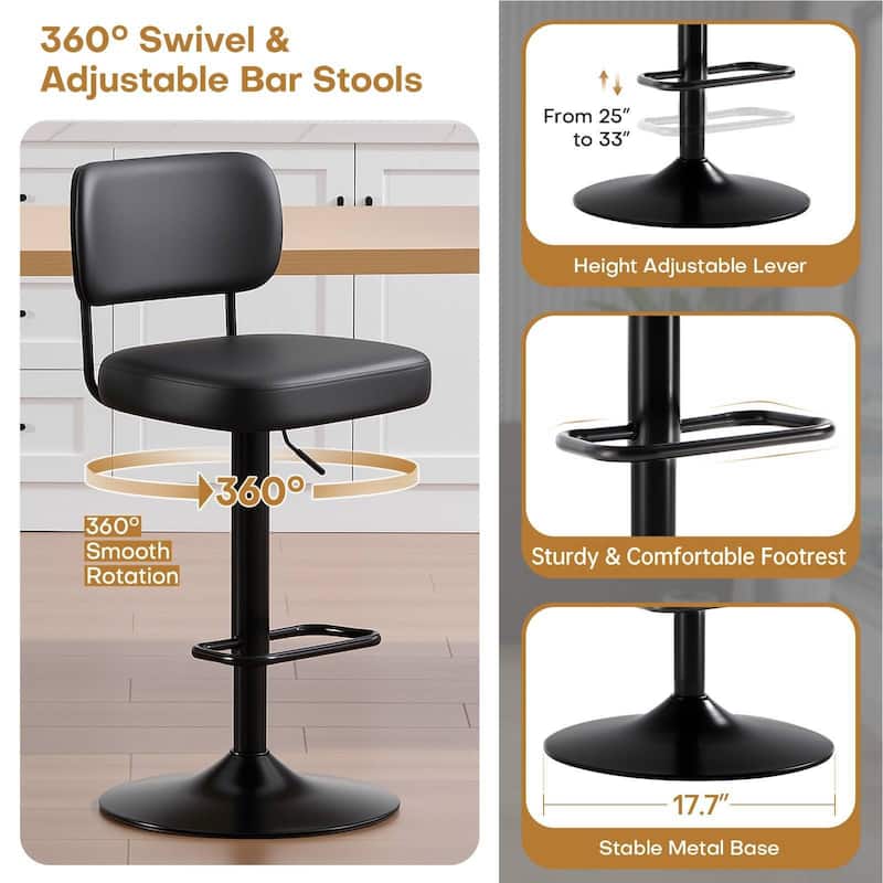 Adjustable Height Swivel Bar Stools with Back and Footrest - 17.7"W x 15.75"D x 35"-42.9"H