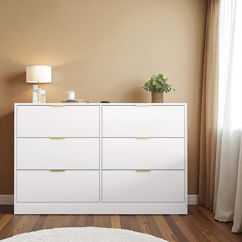 Modern 6 Drawer Dresser, 47" Wide Storage Cabinet, Wooden Chest of Drawers for Bedroom and Entryway - White