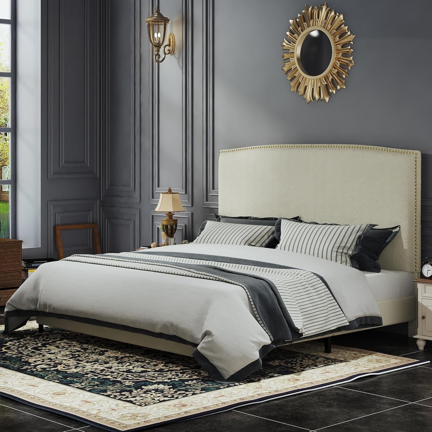 Modern King Size Platform Bed with Upholstered Boucle Headboard, Gold Nailhead Trim, No Box Spring Needed, Cream