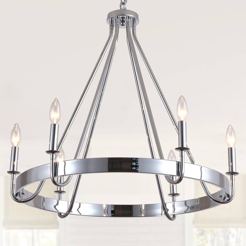 Cusp Barn 28 Inch Farmhouse Wagon Wheel Chandelier, Industrial 6-Light Chrome Round Kitchen Island Pendant Light for Dining Room - Chrome