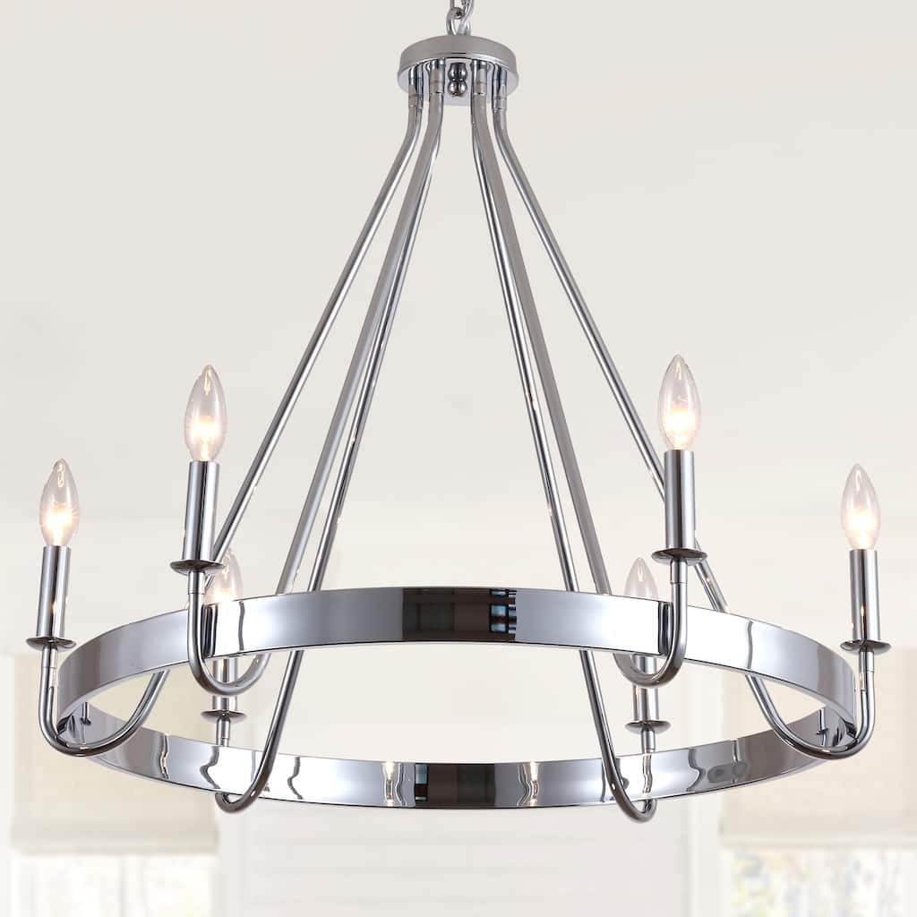 Cusp Barn 28 Inch Farmhouse Wagon Wheel Chandelier, Industrial 6-Light Chrome Round Kitchen Island Pendant Light for Dining Room