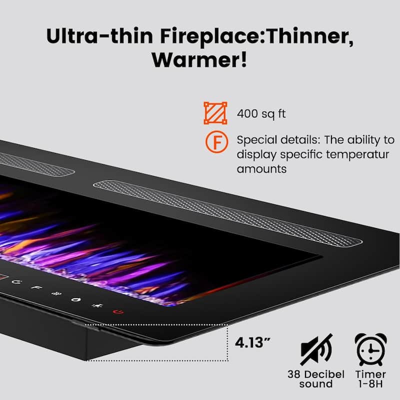 BOSSIN Electric Fireplace Wall Mounted and Recessed with Remote Control, 750/1500W Ultra-Thin Wall Fireplace Heater, Low Noise