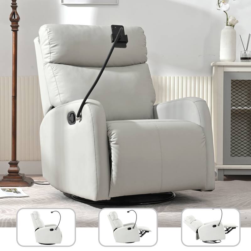 Grey 360° Swivel Recliner with Rocking Motion, Phone Holder, Footrest, and Adjustable Recline for Home Theater