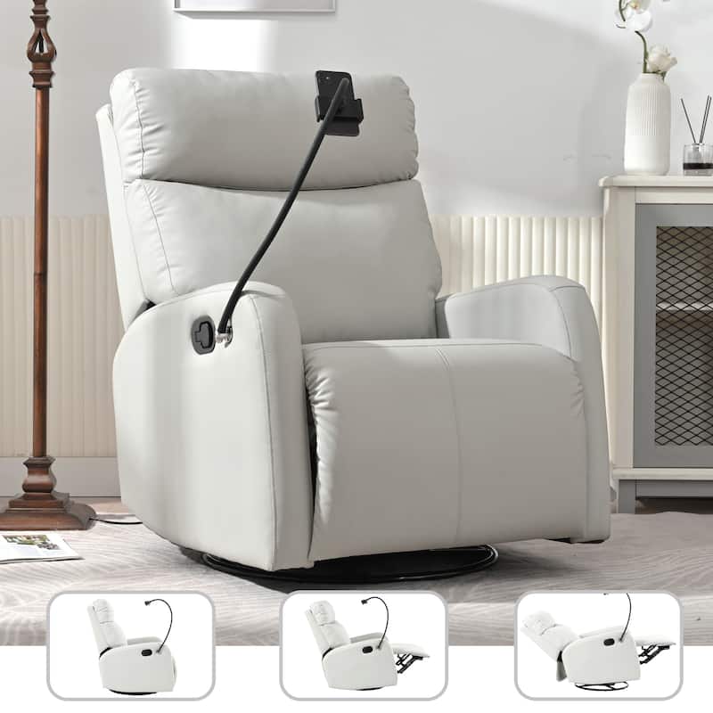 Grey 360° Swivel Rocking Recliner with Phone Holder, Footrest, Adjustable Recline for Living Room & Home Theater