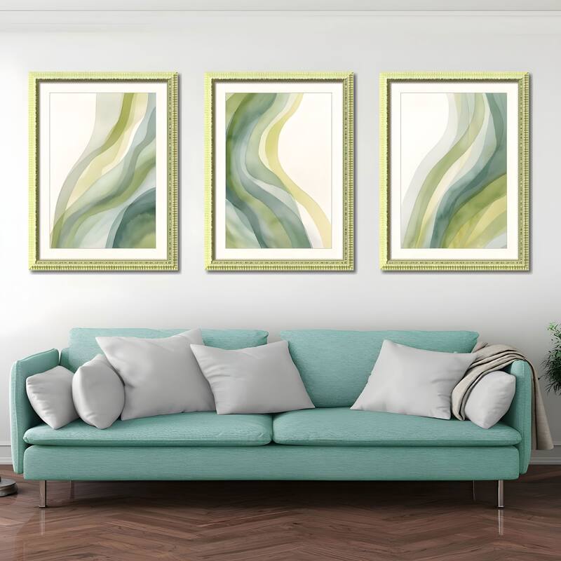 Set of 3 Abstract Green Framed Wall Art - Replaceable Canvas Prints with Solid Wood Picture Frames, Modern Wall Decor - Gold