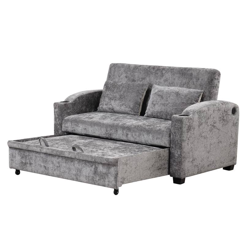 Chenille Convertible Loveseat Sofa Bed with Adjustable Backrest, USB Ports, and Cup Holders