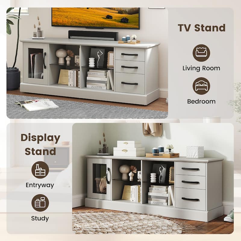 Gymax 63'' Media Console Table w/ 3 Drawers 2 Glass Shelves Cable
