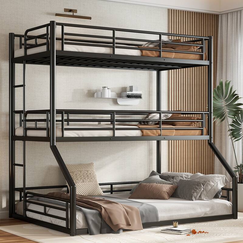 Twin over Twin over Full Triple Bunk Bed - Metal Frame with Safety Guardrails & Noise-Reduced Design