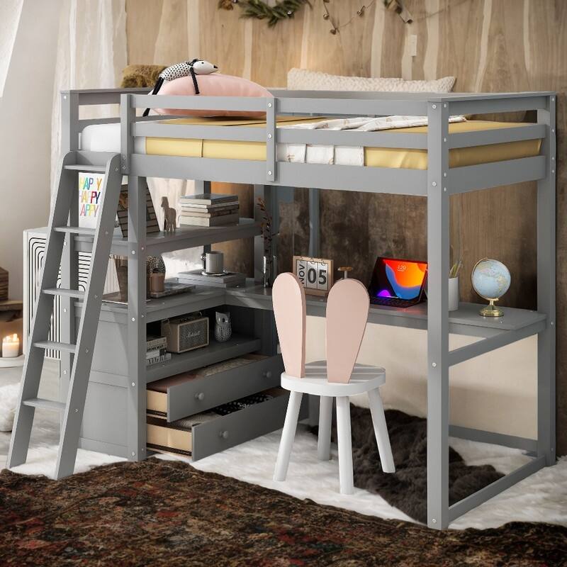 Solid Pine Wood Twin Size Kids Bed Loft Bed with Desk and Shelves Kids ...