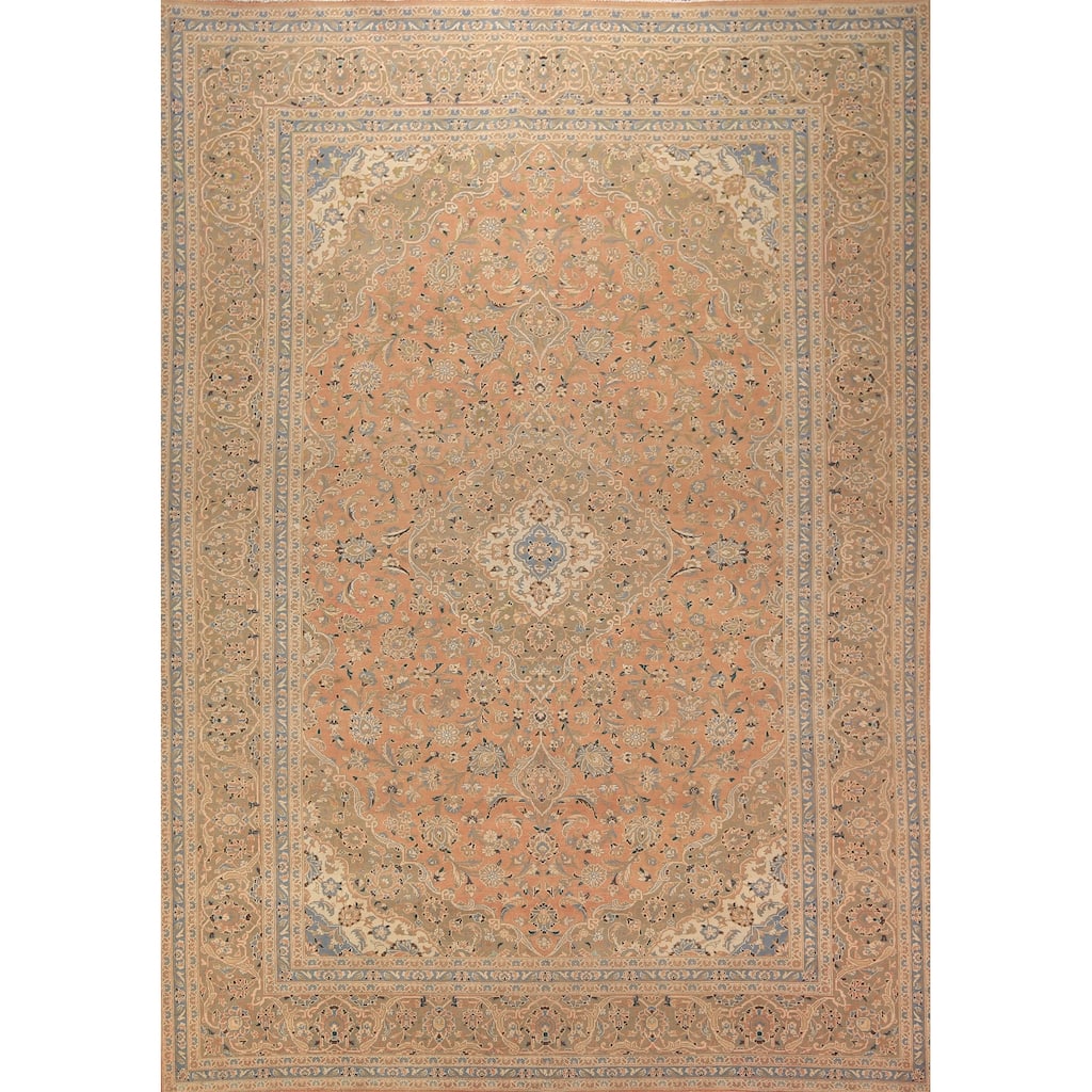 Orange Floral Mashad Persian Vintage Area Rug Hand-Knotted Wool Carpet - 9'9" x 12'10"
