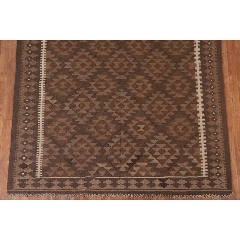 Hand Woven Oriental 100% Wool Carpet Southwestern Geometric Brown Kilim Area Rug - 9' 8'' X 6' 9''