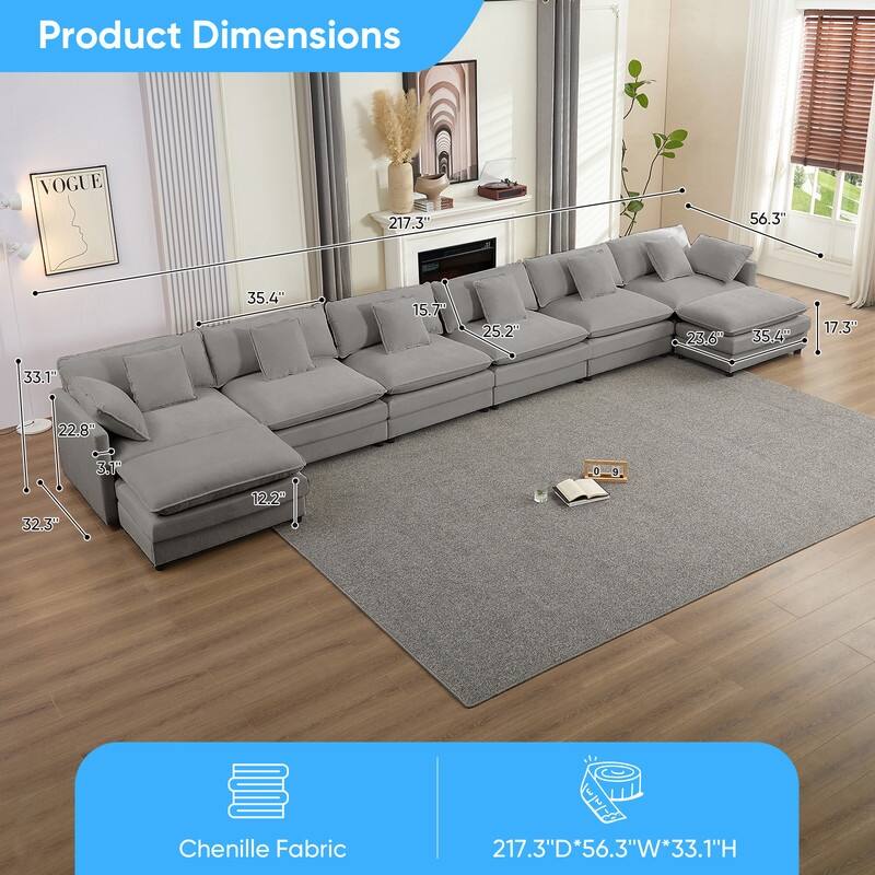 Mixoy 217''U-Shaped Modular Sectional Sofa,8-Seater Cloud Couch with Ottoman and Cushions,Sleeper Deep Seat Couches - 6+2