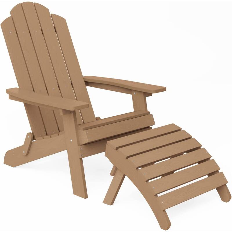 WINSOON 2-Piece All Weather HIPS Outdoor Folding Adirondack Chair with Ottoman - Teak