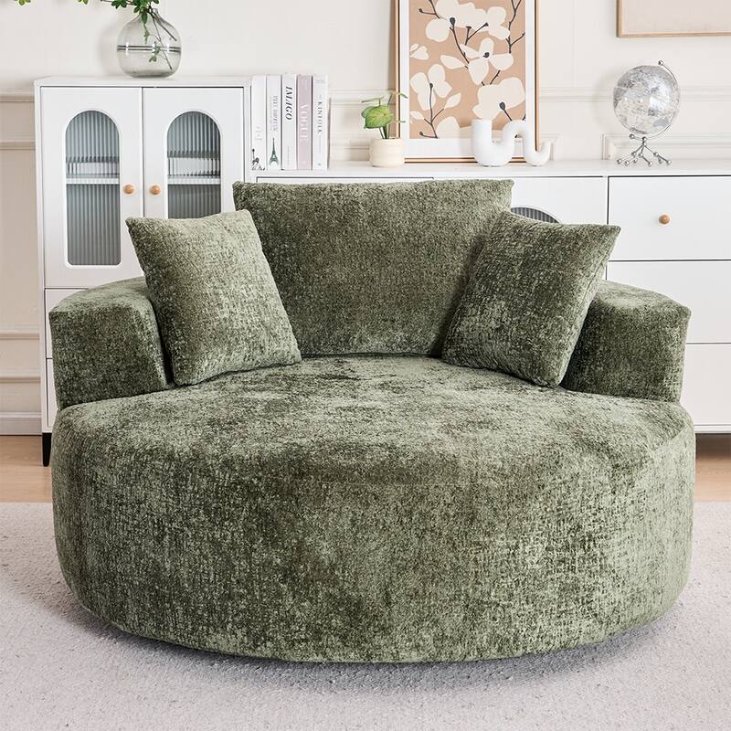 Round Accent Chair with High-Resilience Cushions, Swivel Chenille Barrel Chair, Fluffy Sleeper Lounge Chair