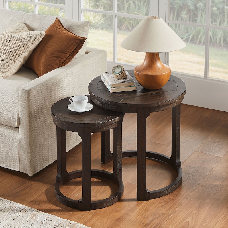 GDF Studio - Mid-Century Solid Wood 2-Piece Round Side Table Set with Curved Design - 24" - Dark Brown
