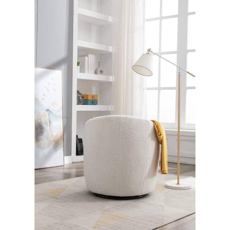Teddy Fabric Swivel Barrel Chair, Round Upholstered Sofa Chair, Reading Leisure Chair with Curved Backrest & Metal Base