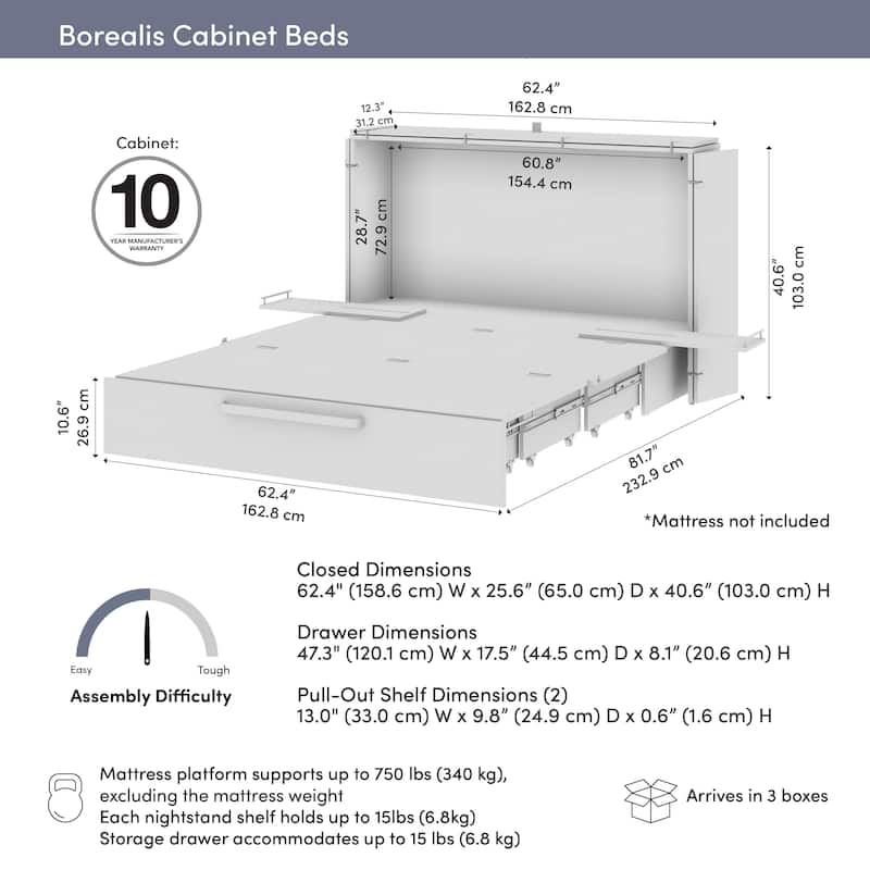 Bestar Borealis 63W Queen Murphy Cabinet Bed with Pullout Drawer