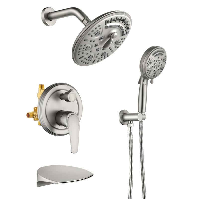 Wall Mount Tub Shower Faucet With Rough-in Valve Complete Shower System With Handheld And 8 Inch Shower Head Combo Kit Trim Set - Brushed Nickel