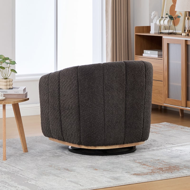 Chenille Upholstered Swivel Barrel Chair, Tufted Pumpkin-Shape Club Armchair, Lounge Reading Chair with Metal Base