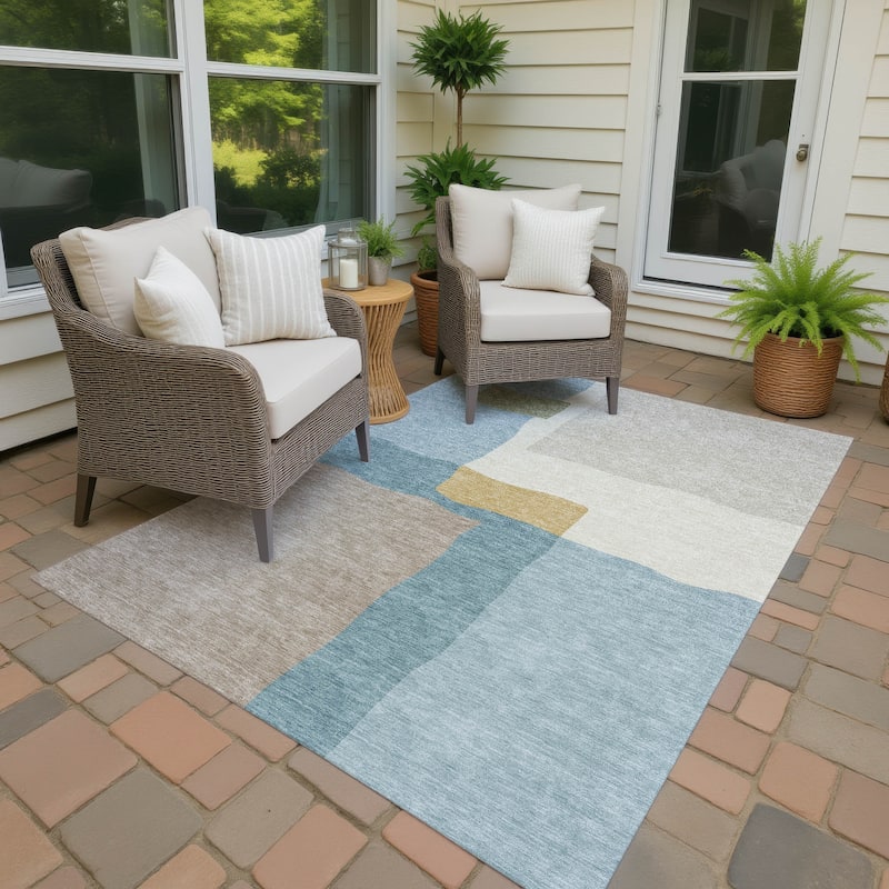 Machine Washable Indoor/ Outdoor Contemporary Blox Chantille Rug - Teal - 8' x 10'