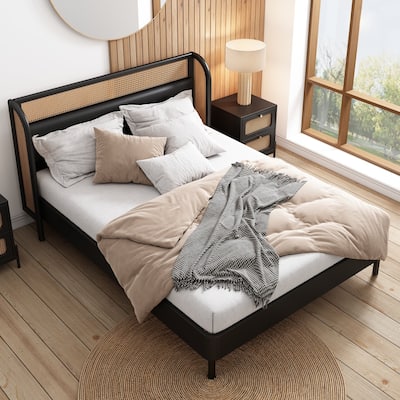 Rattan Wood Platform Queen Bed Frame