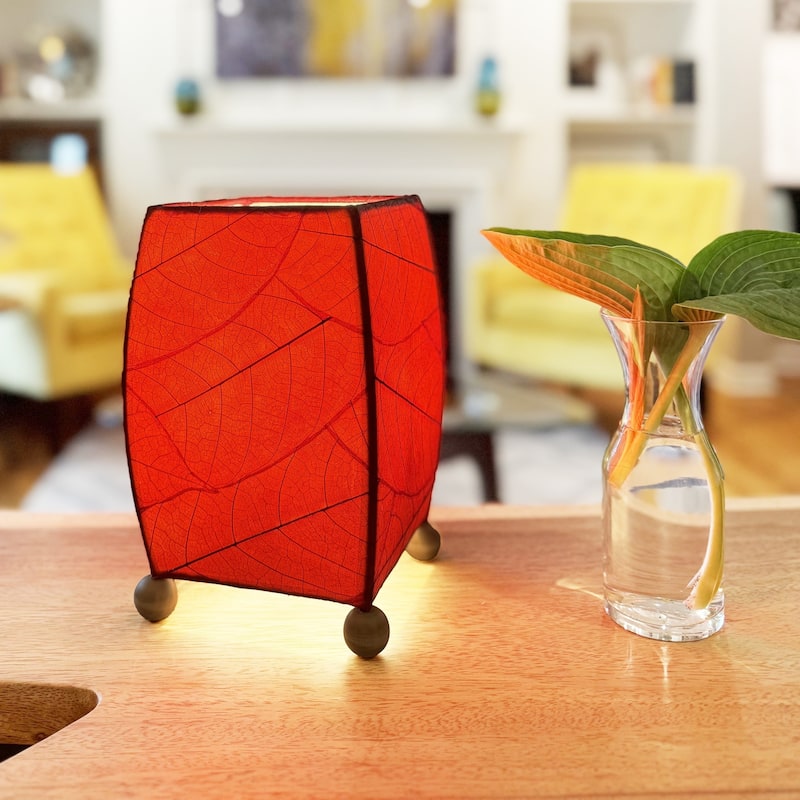 Handmade Mini Square Cocoa Leaf Table Lamp, Cocoa Leaves Shade, 6 x 6 x 9 in.