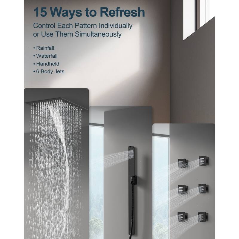 GRANDJOY Luxury LED 16" Ceiling Mount Shower Head Temperature Display Shower System with 6 Body Jets