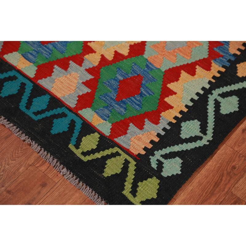 Hand Woven Oriental 100% Wool Carpet Southwestern Geometric Multi-Colored Kilim Runner Rug - 12' 9'' X 2' 9''